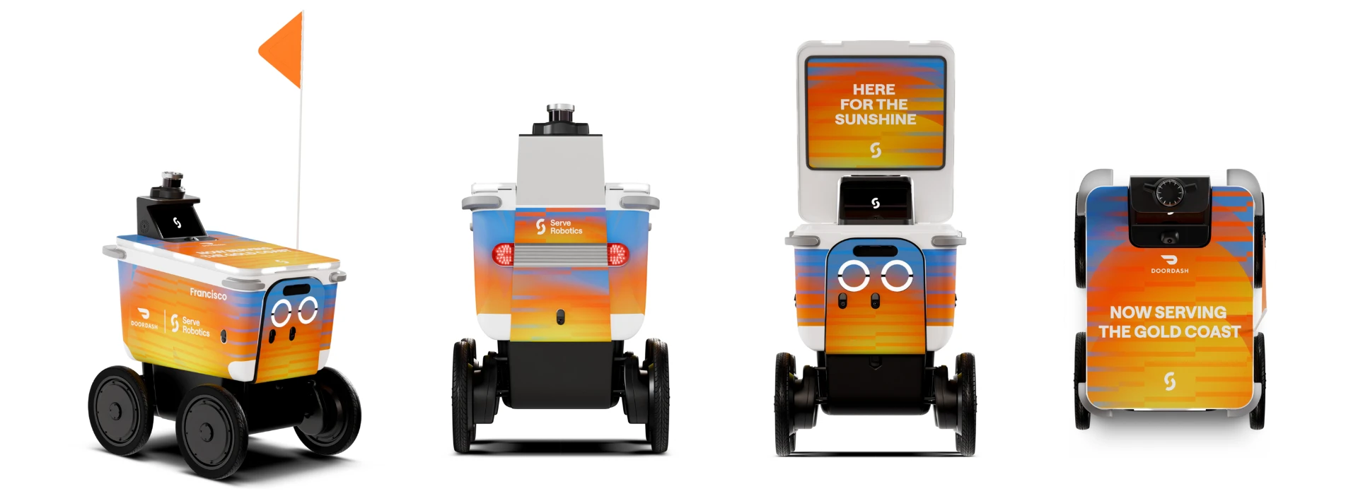Four views of a Serve delivery robot in its sunset-coloured wrap: front three-quarter, rear, front with the lid open, and a top-down view